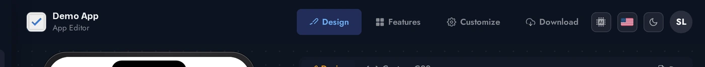 Editor top bar showing app identity, page tabs (Design / Features / Customize / Download), and the right-side utility cluster