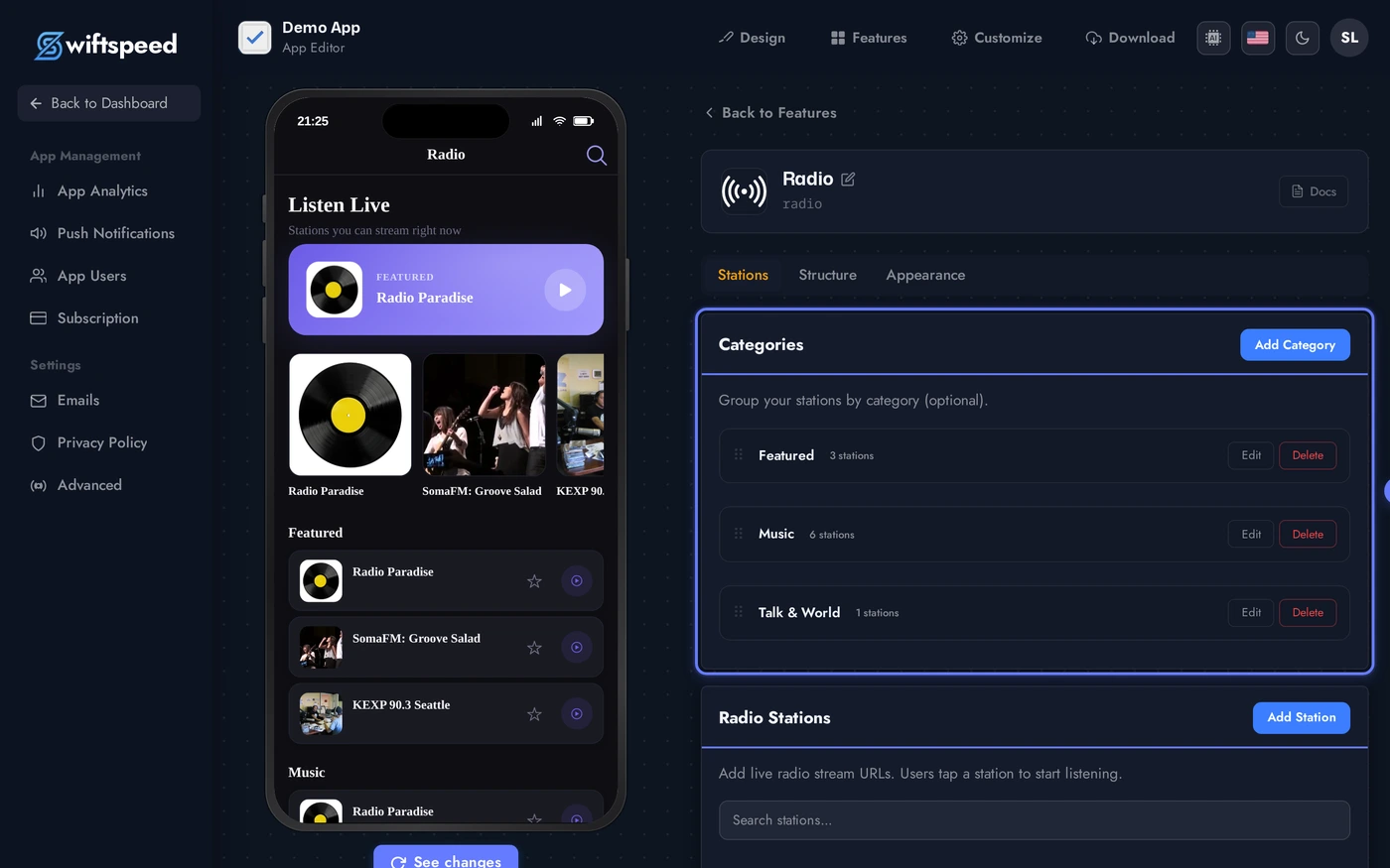 Radio editor on the Stations tab showing seeded categories (Featured, Music, Talk & World) and the seven demo stations
