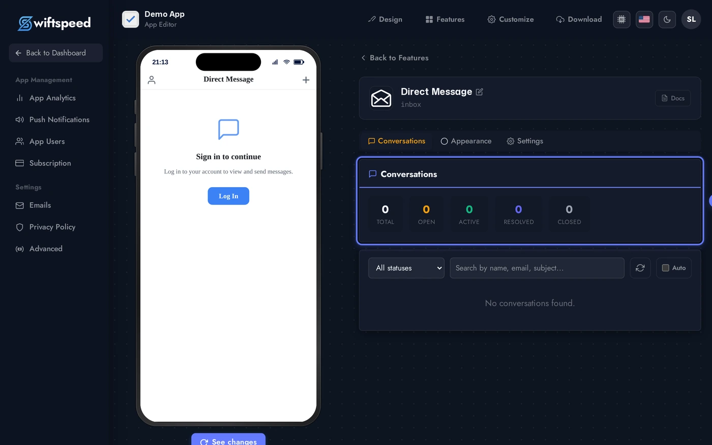 Direct Message editor on the Conversations tab showing filters, thread list, and reply pane