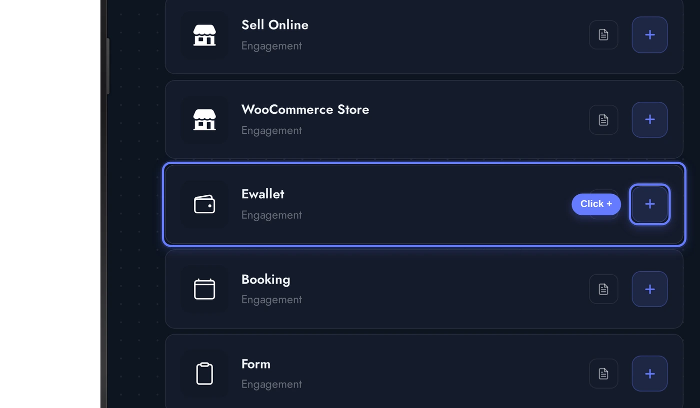Add a Page list with the Ewallet card highlighted