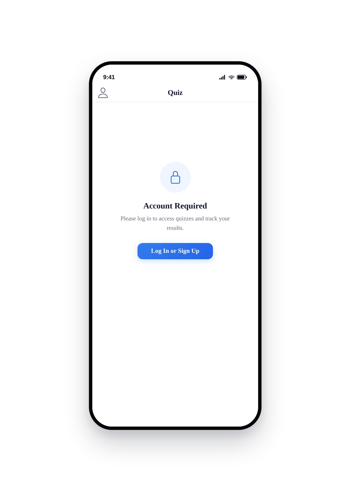 iPhone-style phone frame rendering the quiz home screen