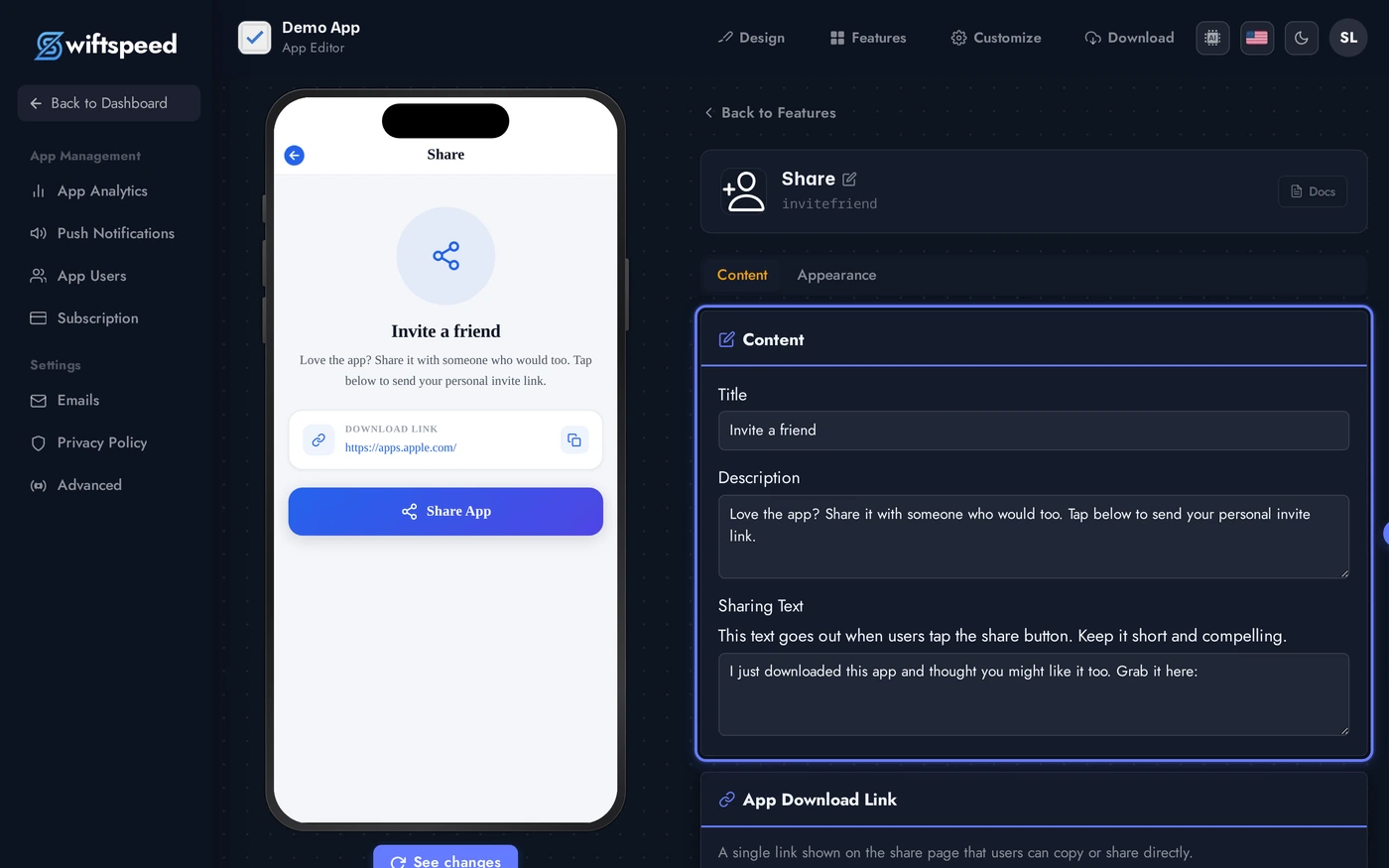 Invite Friend editor showing the seeded title, description, sharing text, and store URLs