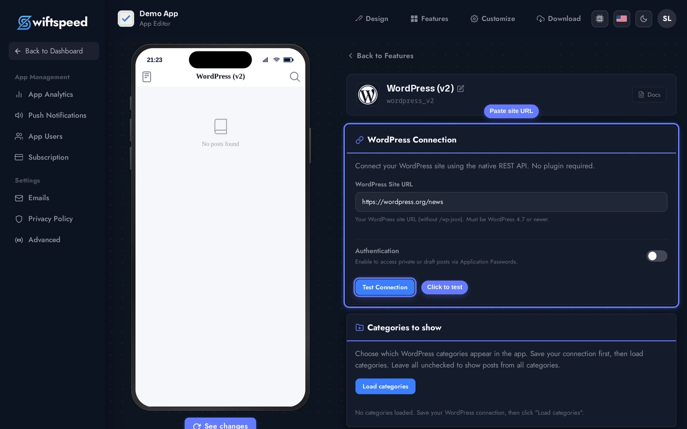 WordPress editor connection card with the Site URL field filled with wordpress.org/news and the Test Connection button highlighted