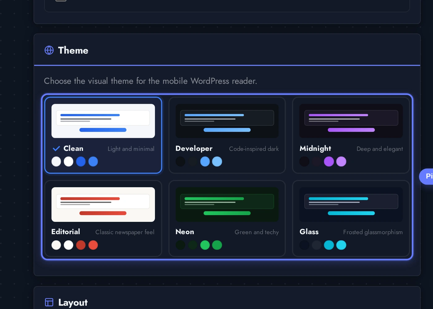 WordPress editor theme picker grid showing six themes (Clean, Developer, Midnight, Editorial, Neon, Glass) for the mobile app