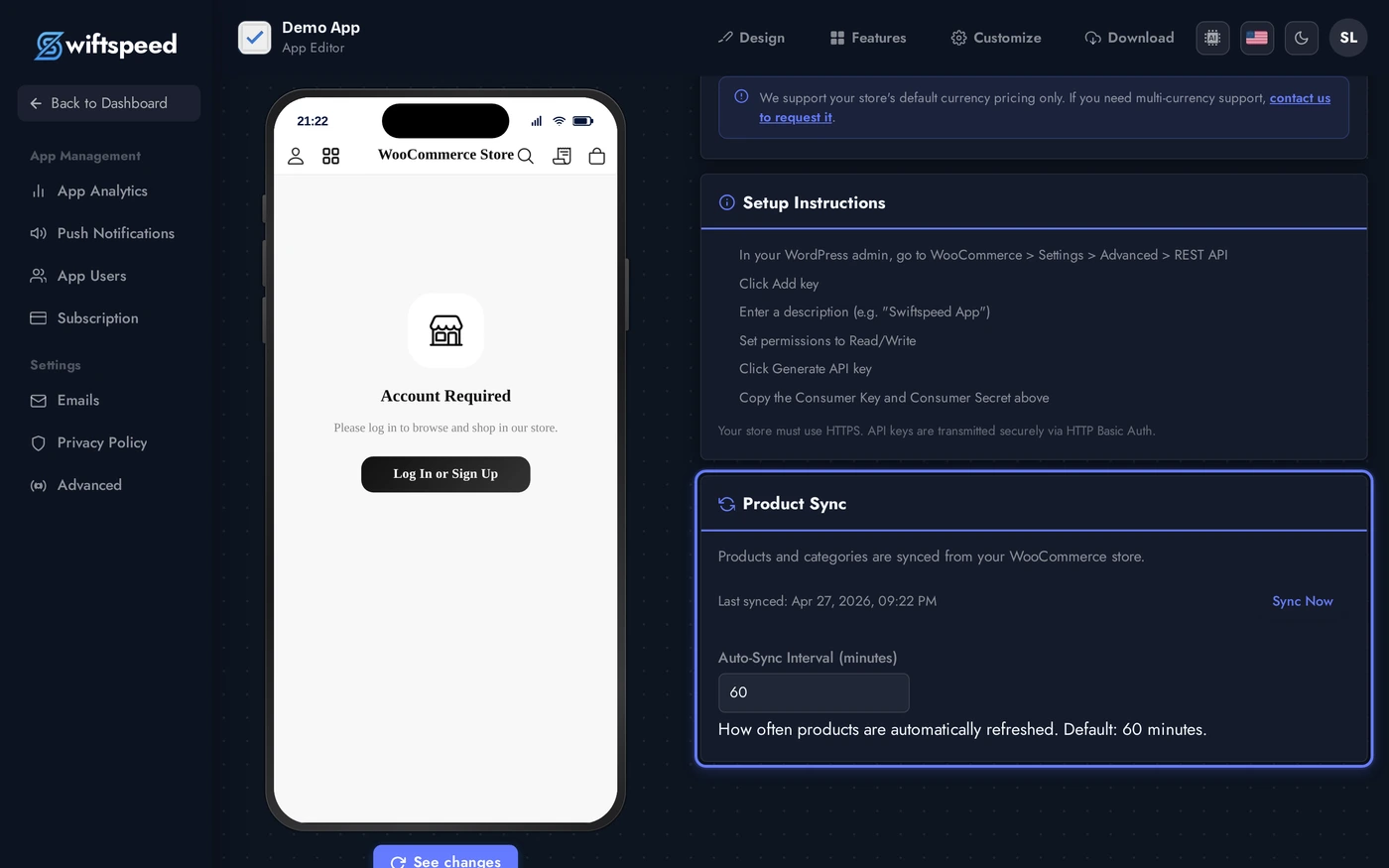 WooCommerce editor showing the Product Sync card with last-synced time, Sync Now button, and the auto-sync interval input