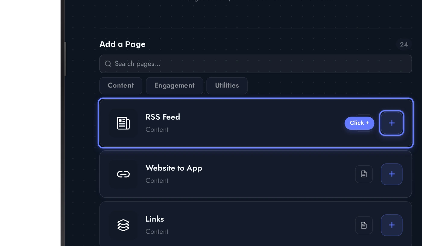 Add a Page list with the RSS Feed card highlighted and an arrow pointing at the plus button
