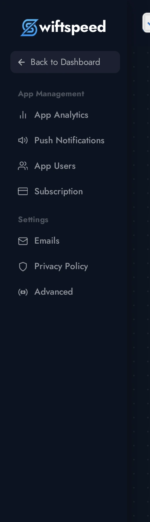 Editor sidebar showing the App Management section (Analytics, Push, App Users, Subscription) and Settings section