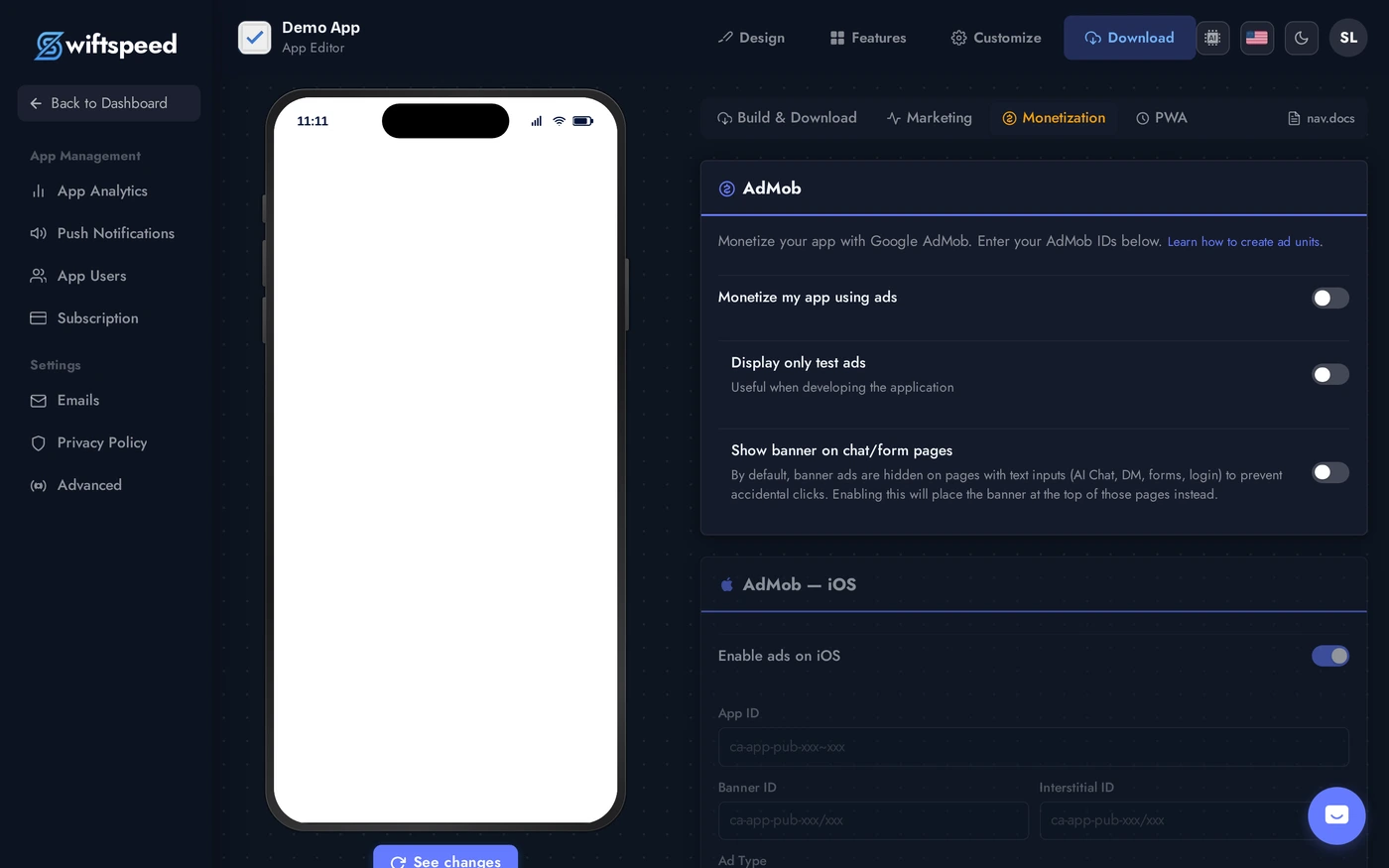 Publish > Monetization tab with AdMob and IAP cards