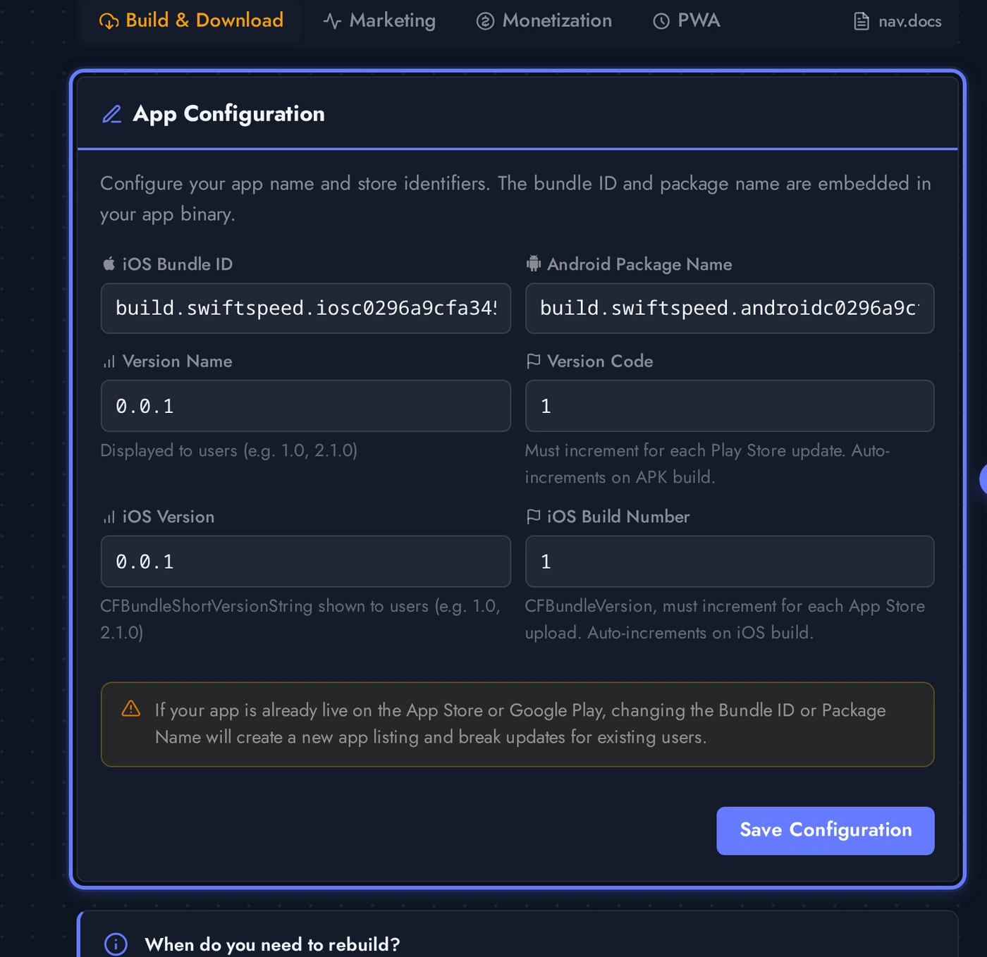 Publish > App Info card with Application ID, version code, version name fields