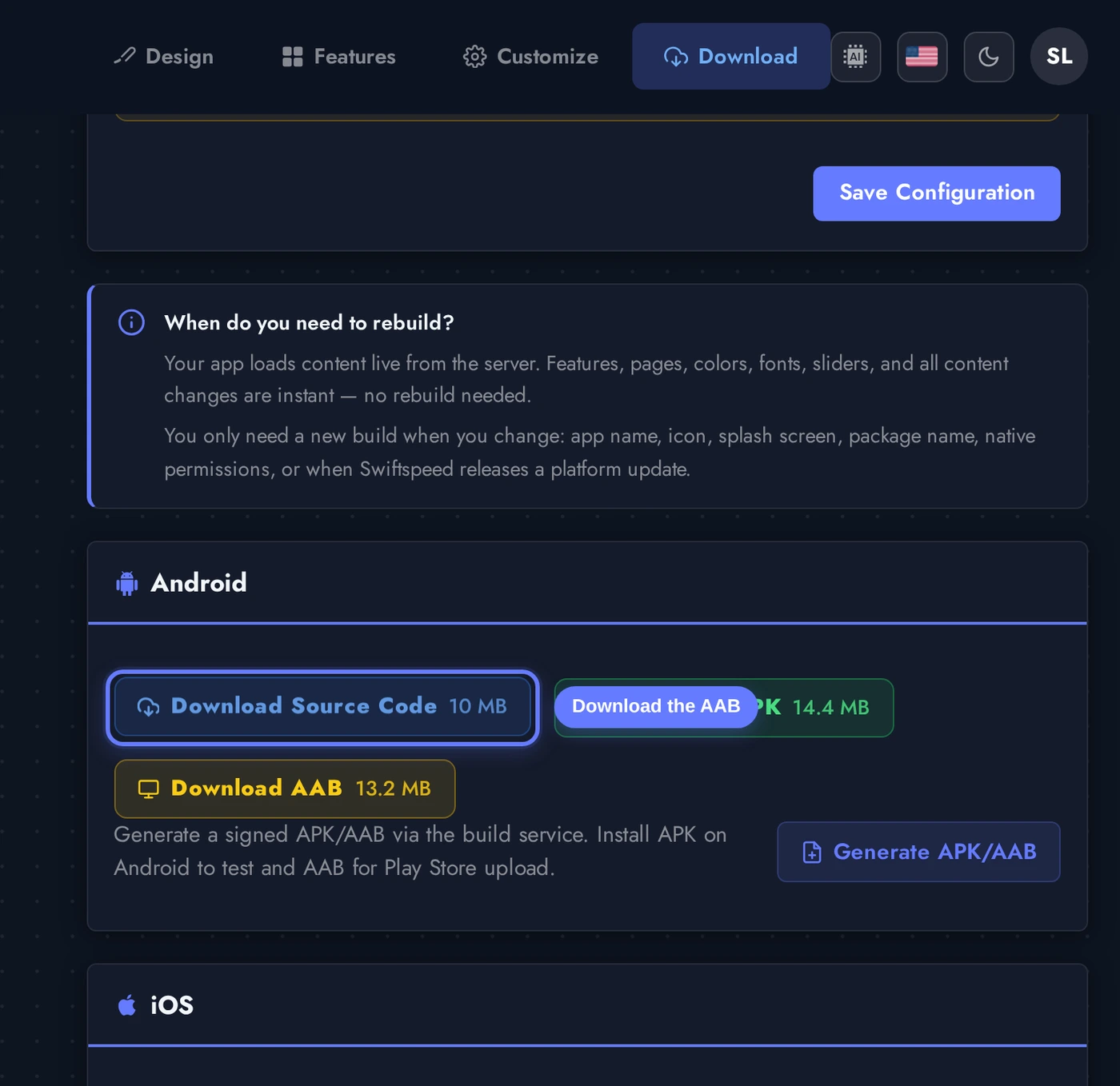 Android Build card success state with Download AAB pill highlighted