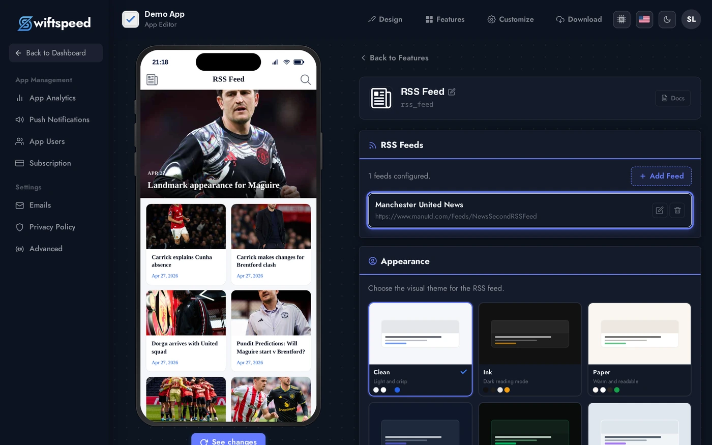 RSS Feed editor showing the seeded Manchester United News feed and a live phone preview