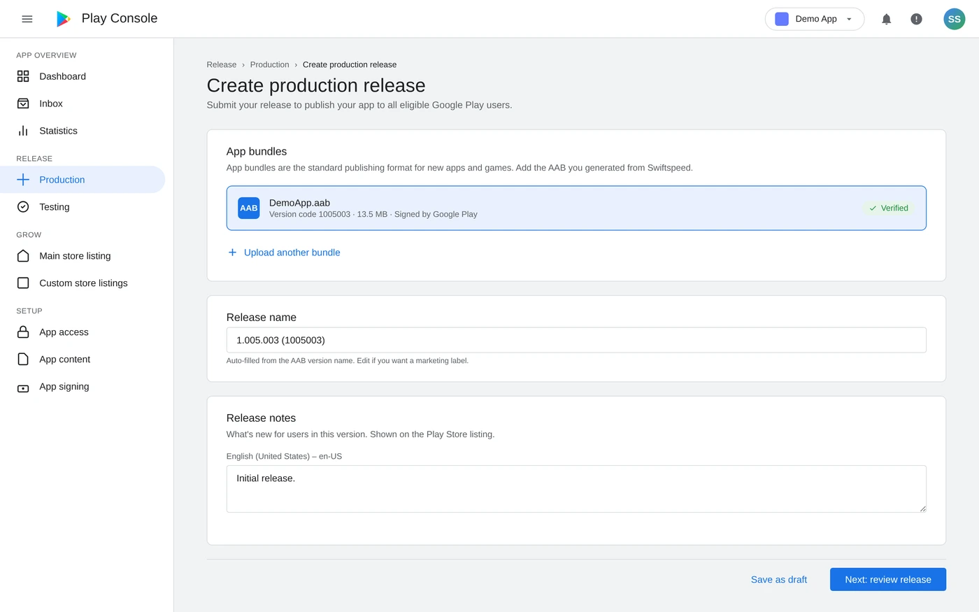 Google Play Console Create production release page with the uploaded AAB verified by Google Play and release notes
