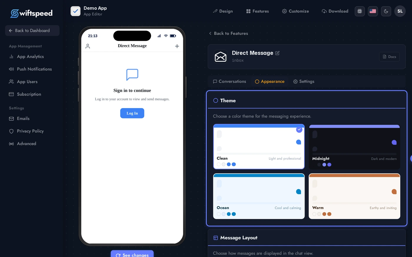 Direct Message editor on the Appearance tab showing theme picker, custom colors, and welcome card editor