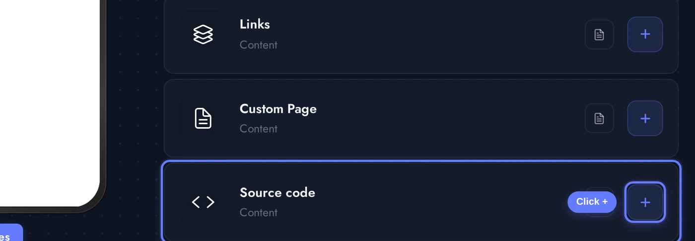 Add a Page list with the Source code card highlighted
