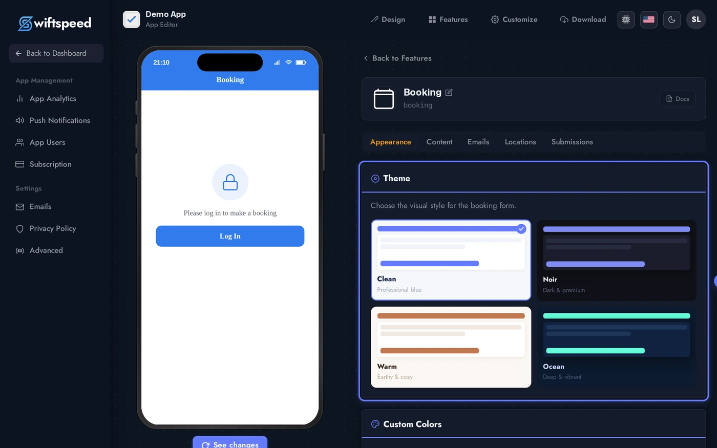 Booking editor showing stores, services, and availability cards