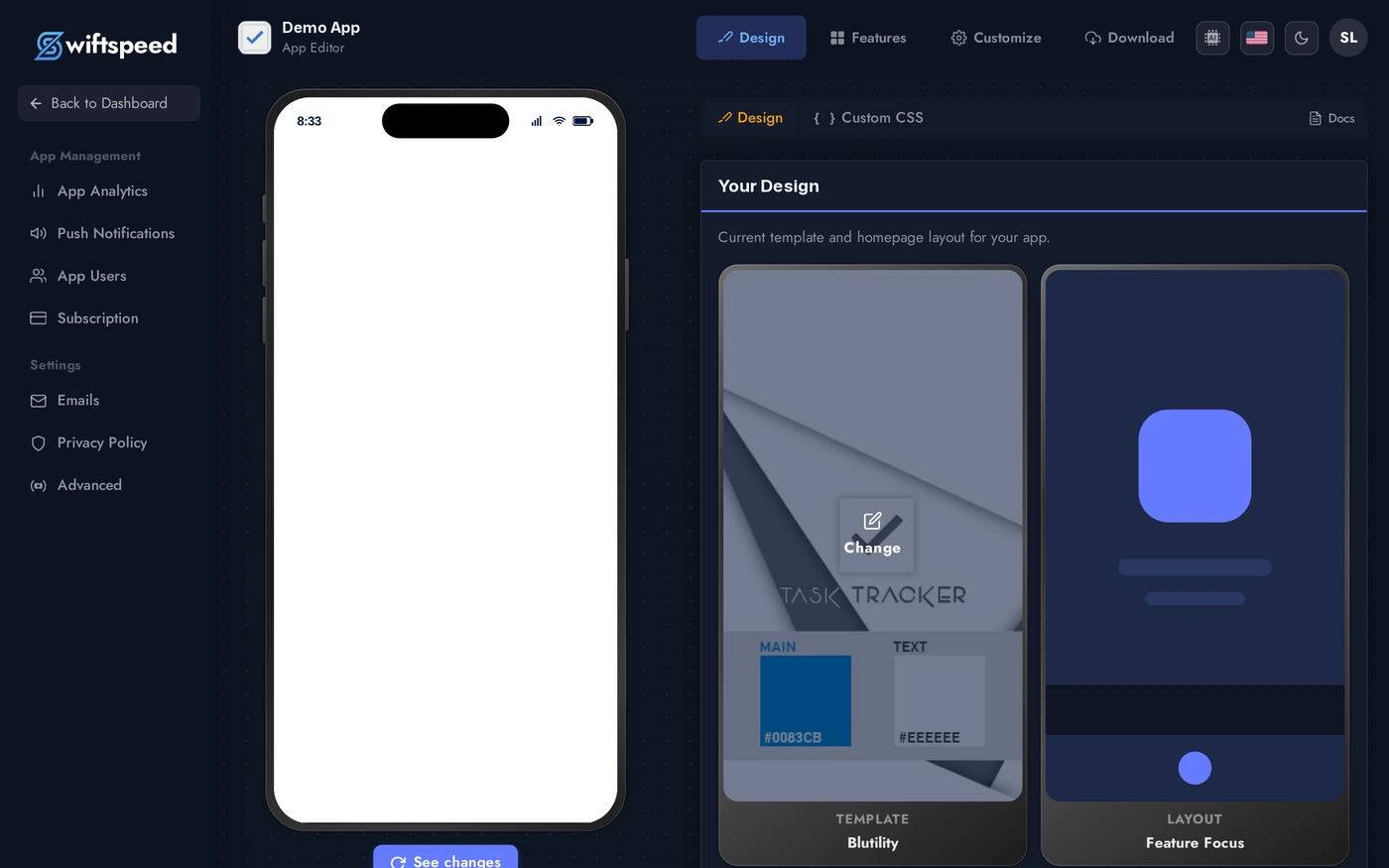 Editor in dark mode with the theme toggle highlighted