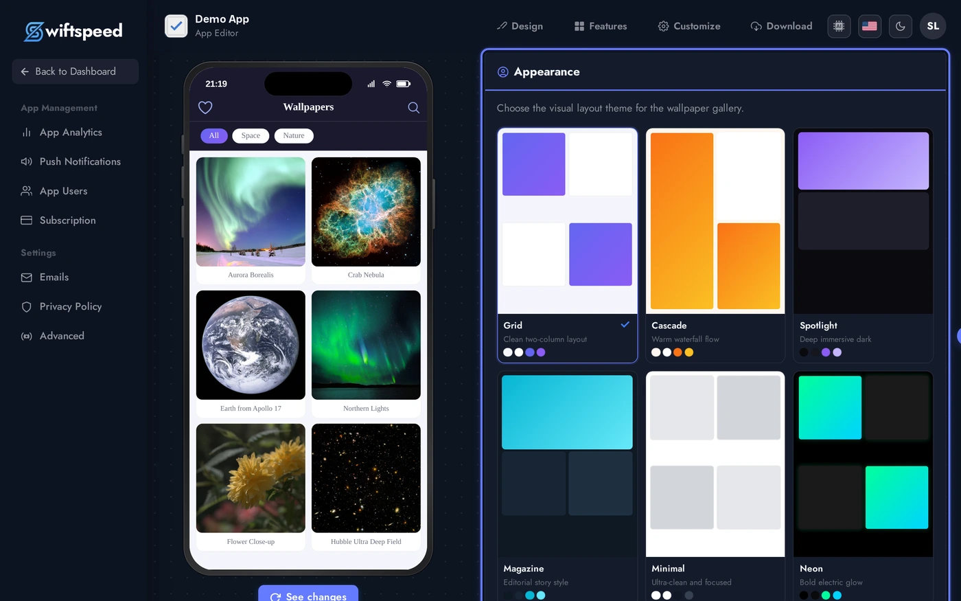 Wallpaper editor showing the seeded Space and Nature categories with six demo wallpapers