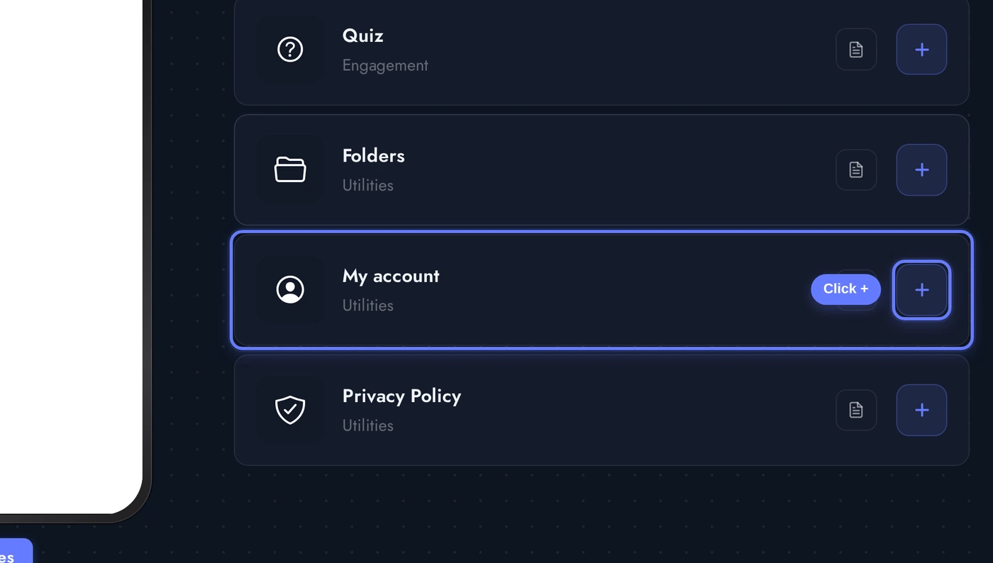 Add a Page list with the My account card highlighted