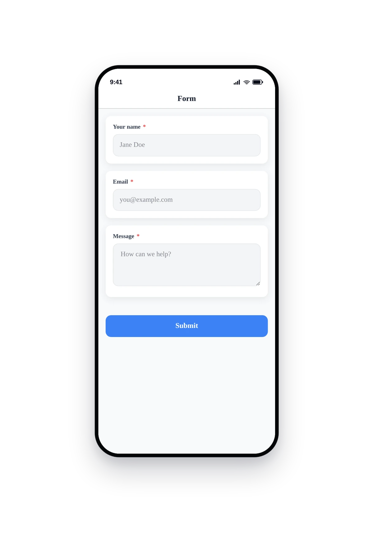 iPhone-style phone frame rendering the live form with Name, Email, Message fields and Submit button