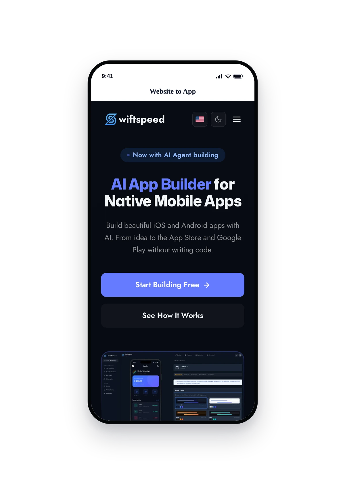 iPhone-style phone frame rendering the Website to App tab with swiftspeed.app loaded inside the in-app browser, header bar styled to match the brand