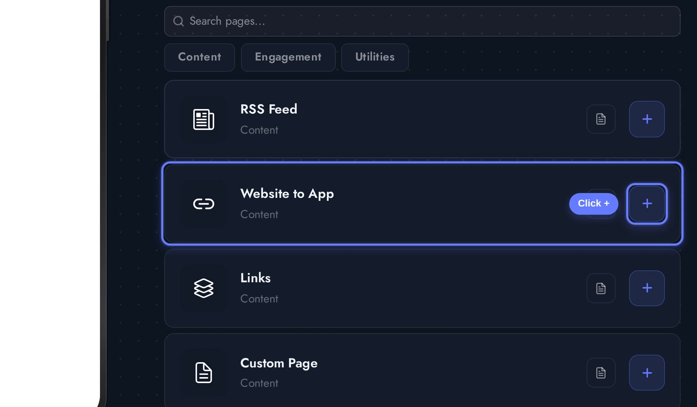 Add a Page list with the Website to App card highlighted and an arrow pointing at the plus button