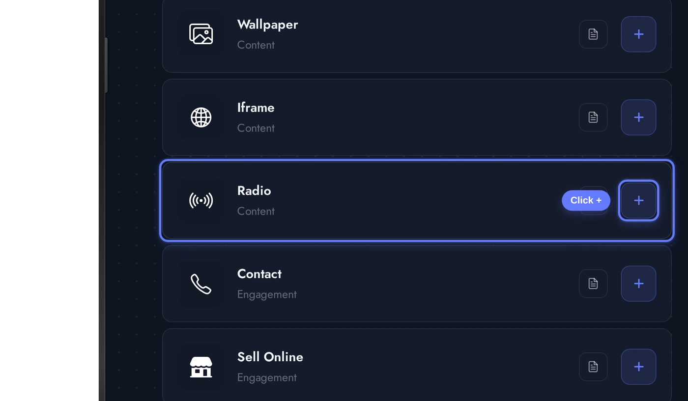Add a Page list with the Radio card highlighted and an arrow pointing at its plus button
