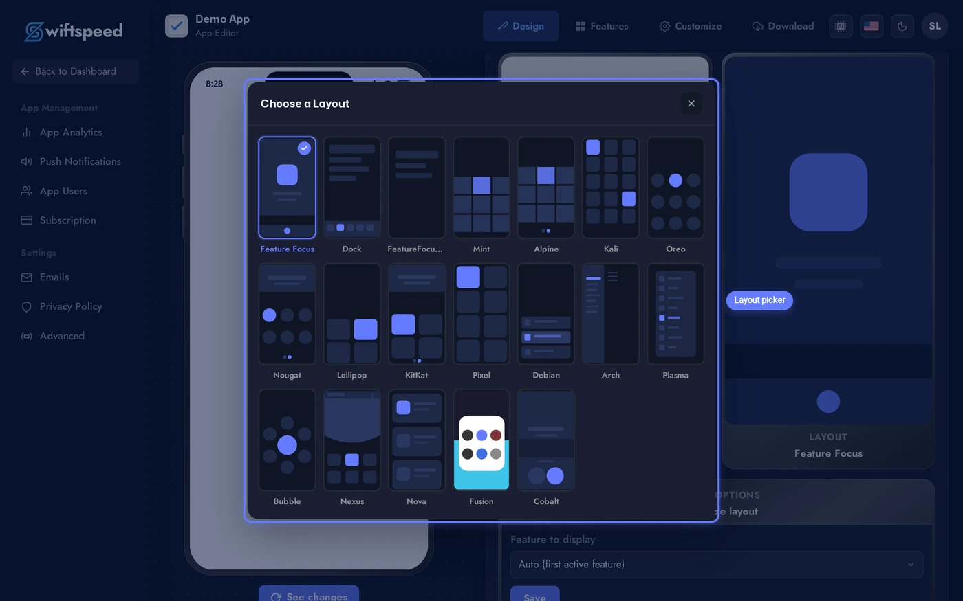 Layout picker grid showing wireframes of available homepage layouts