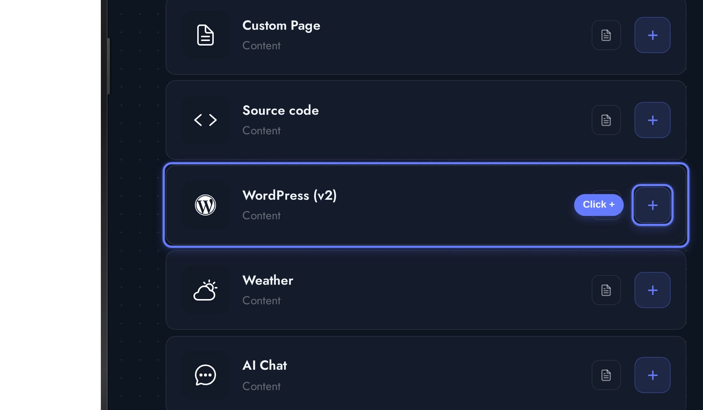Add a Page list with the WordPress card highlighted and an arrow pointing at its plus button