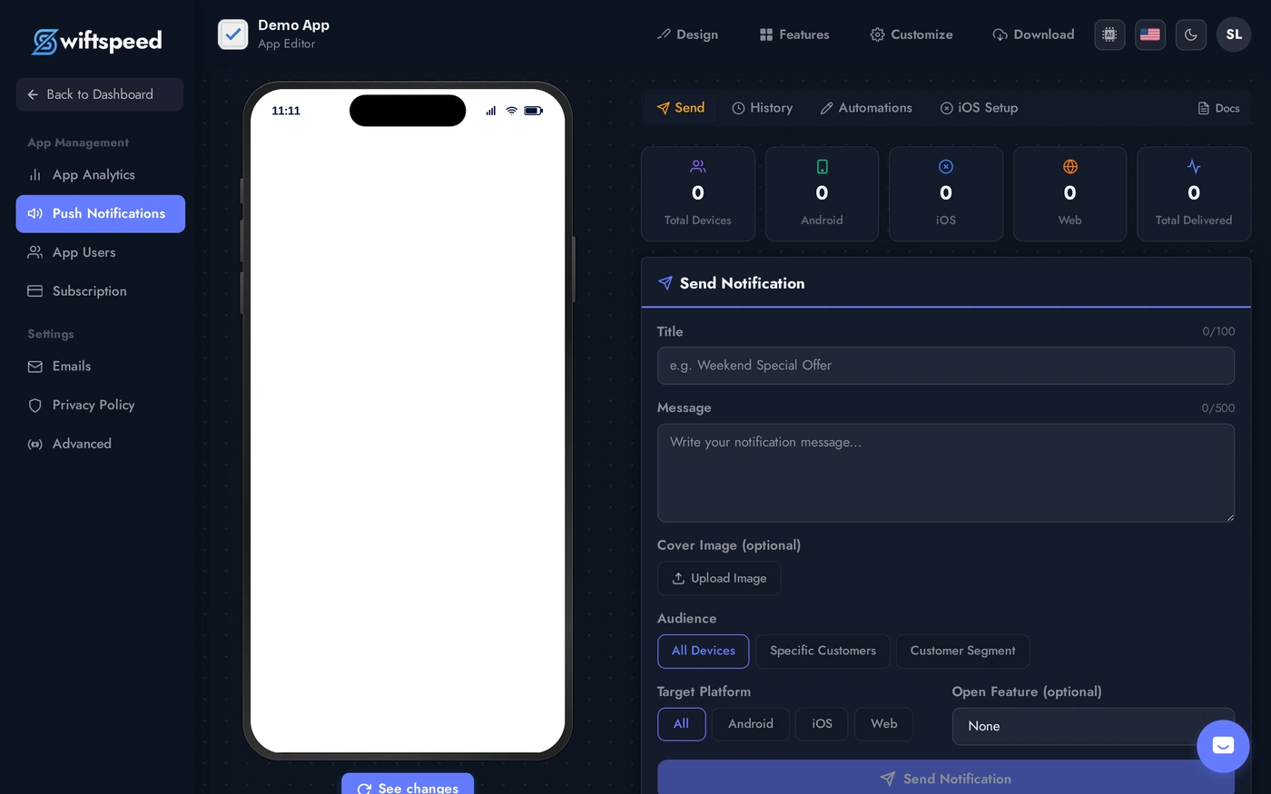 Promote page with push notification dashboard