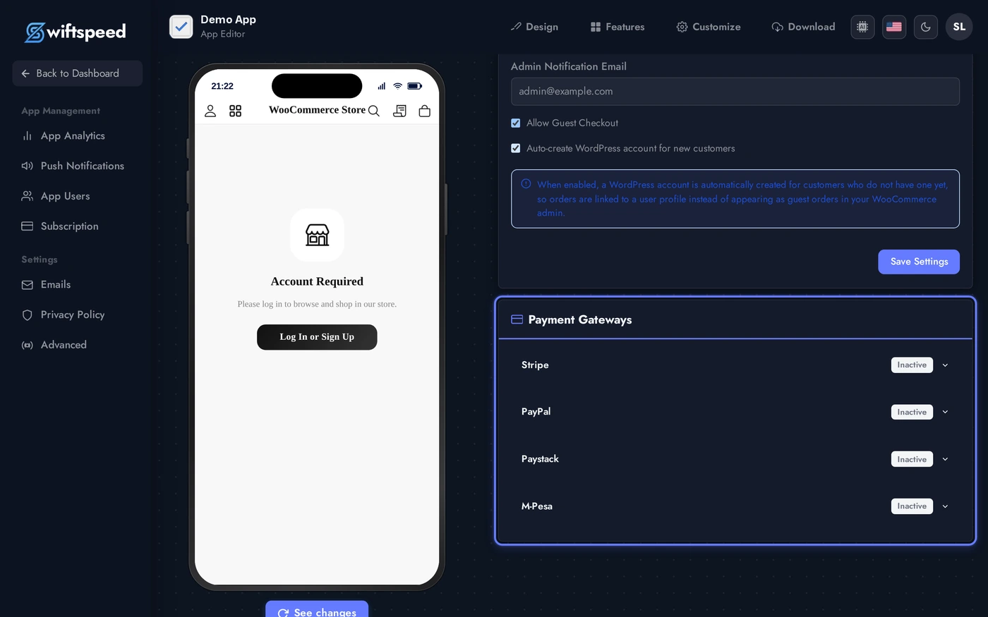 WooCommerce editor on the Settings tab showing the detected payment gateways list with their enabled status