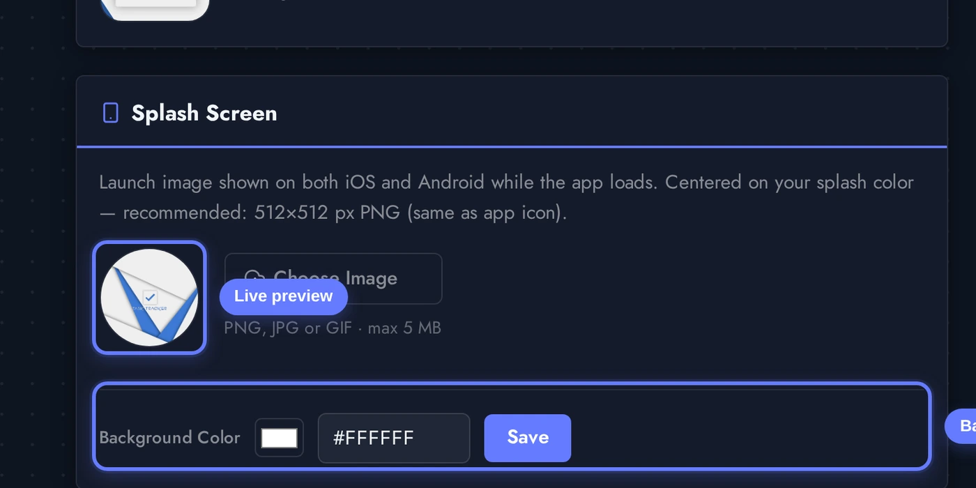 Splash Screen card with image preview, Choose Image button, and background color picker