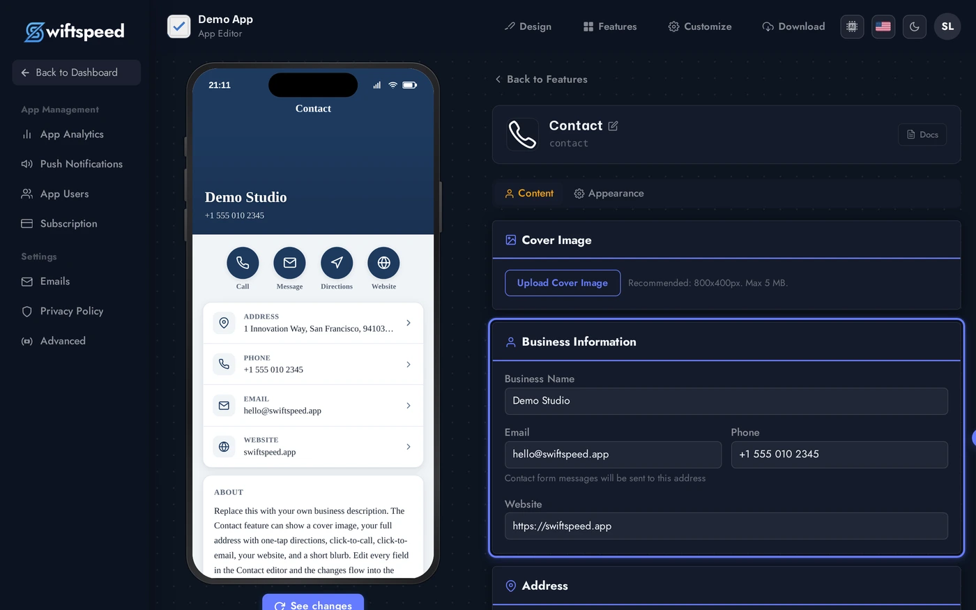 Contact editor on the Content tab showing the seeded Demo Studio info filled across Cover, Business Info, Address, and Description