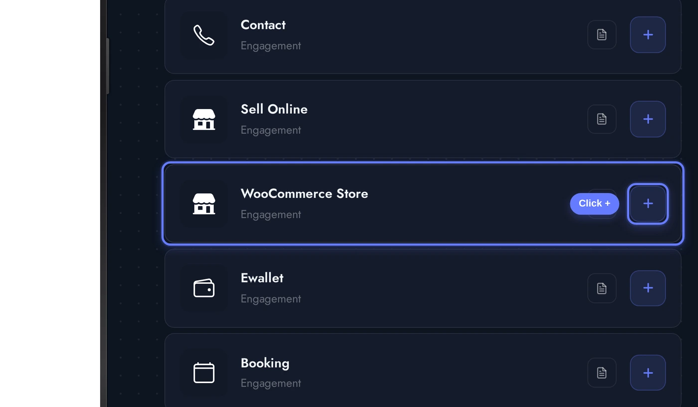 Add a Page list with the WooCommerce Store card highlighted and an arrow pointing at its plus button