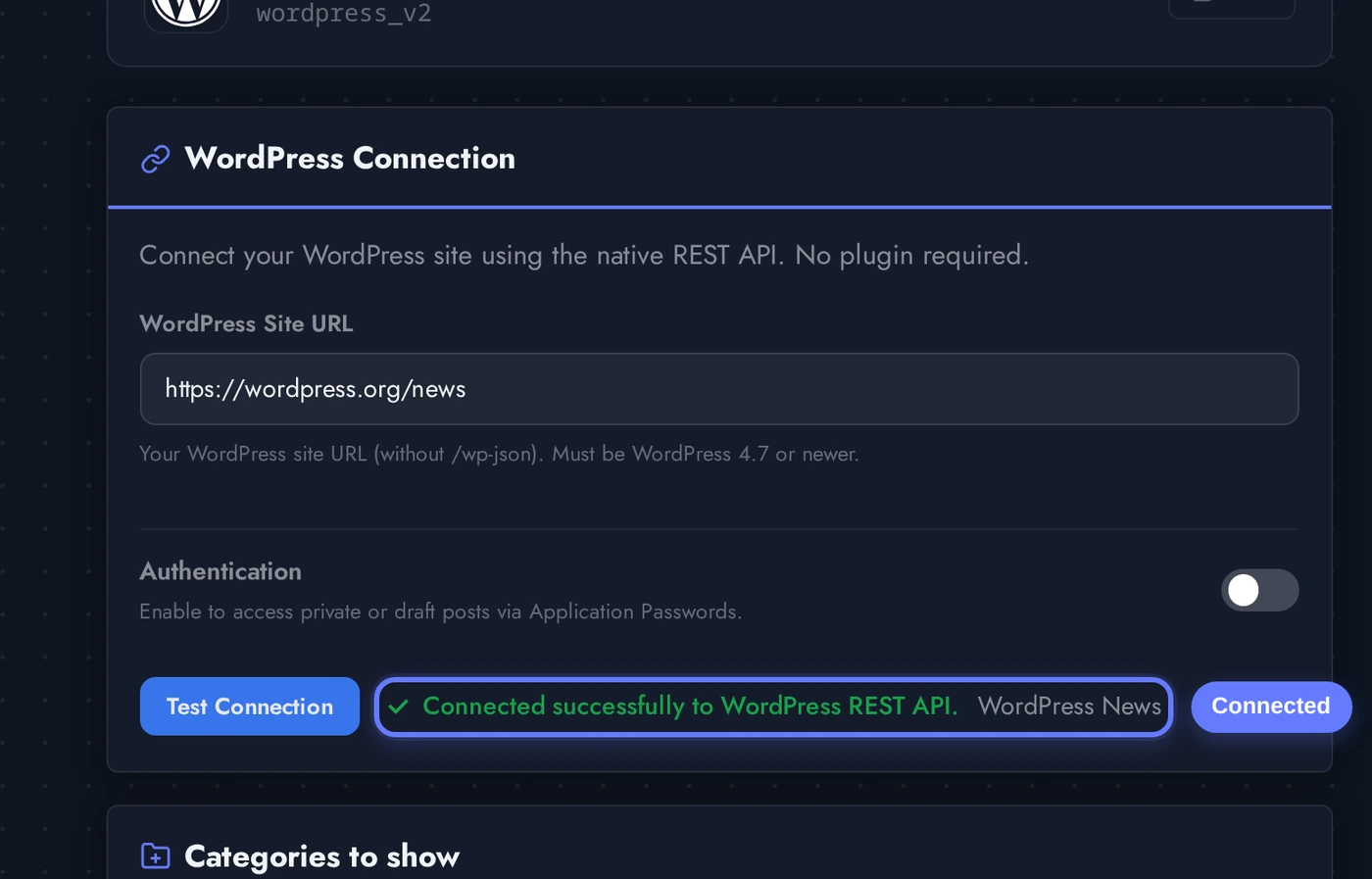 WordPress editor showing the green Connected badge after Test Connection succeeded against wordpress.org/news, with the site name displayed