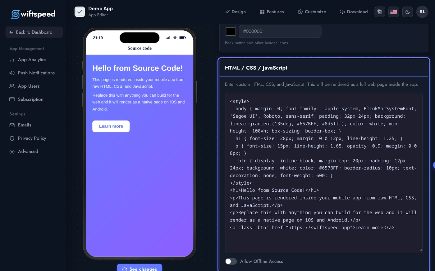 Source Code editor showing the toolbar color row and the seeded HTML/CSS demo in the textarea