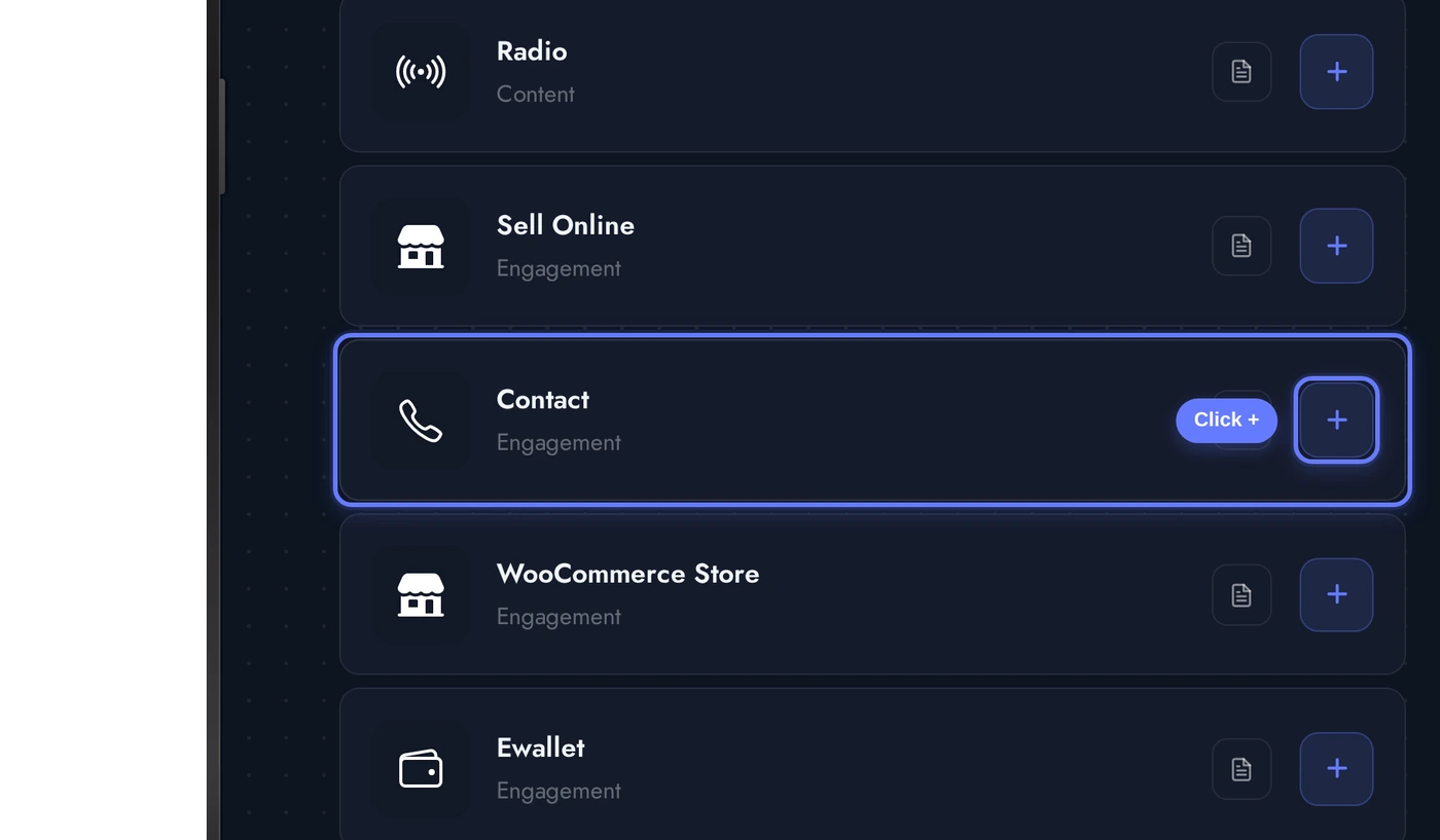 Add a Page list with the Contact card highlighted and an arrow on its plus button