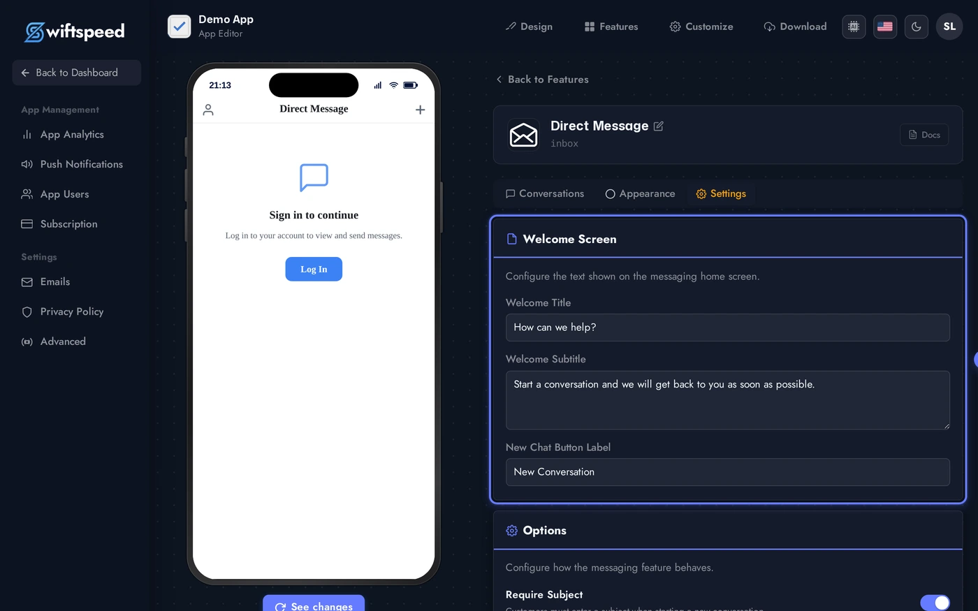 Direct Message editor on the Settings tab showing email notification templates