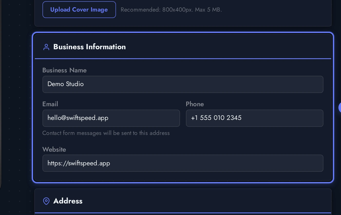 Contact editor Address card showing street, city, postcode, country, and Google Maps URL fields