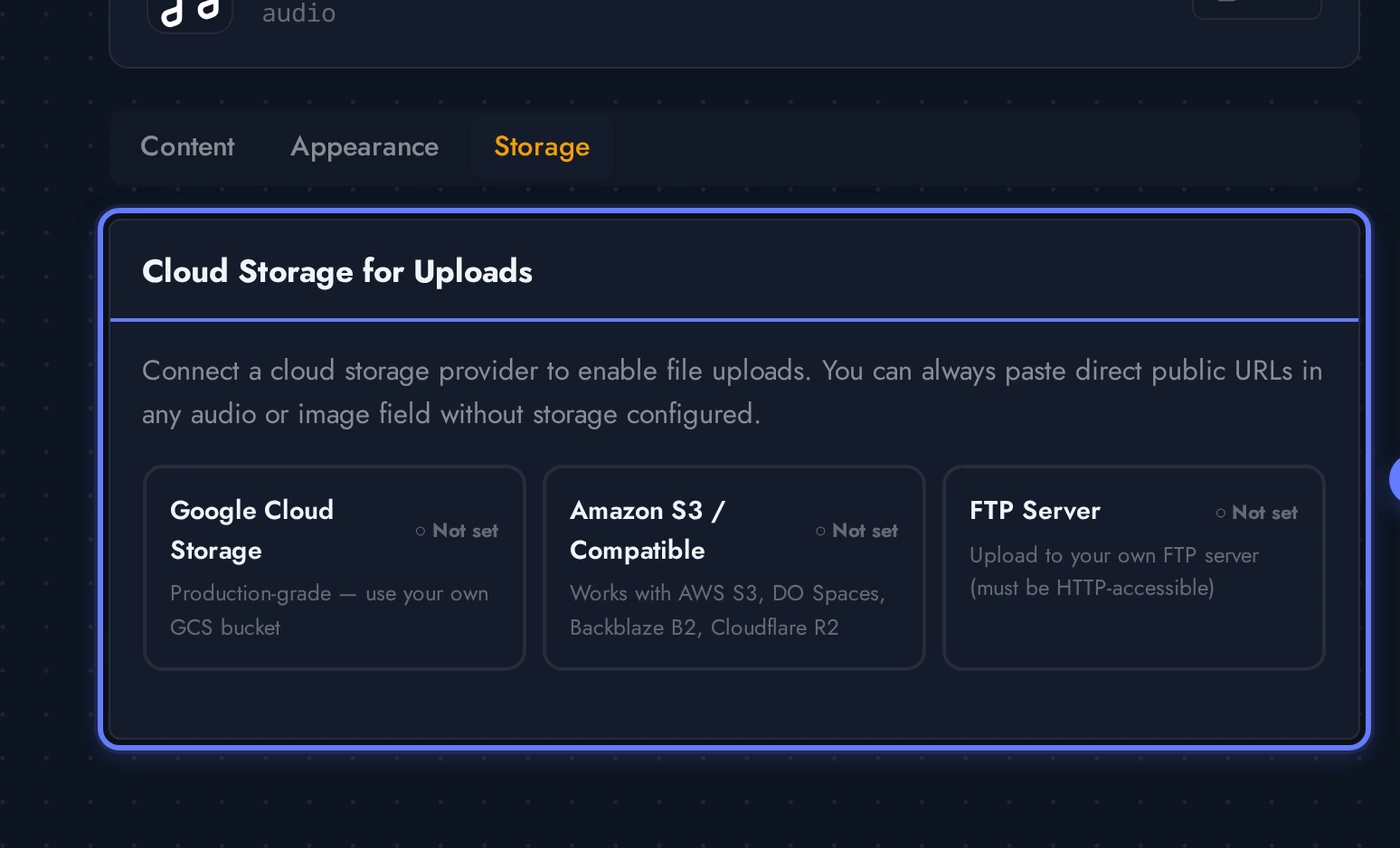 Audio editor Storage tab showing Direct URL, Amazon S3, Google Cloud Storage, and FTP options