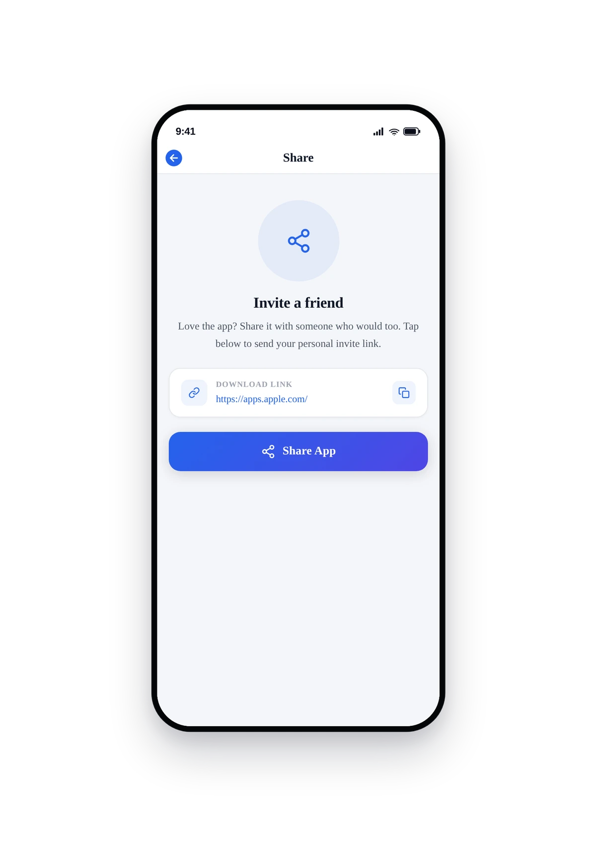 iPhone-style phone frame rendering the live invite-friend share page with title, description, and Share button