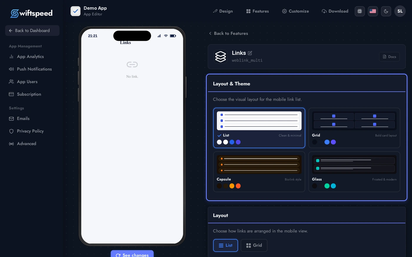 Links editor with theme cards, layout toggle, and an empty Links section showing the Add Link button