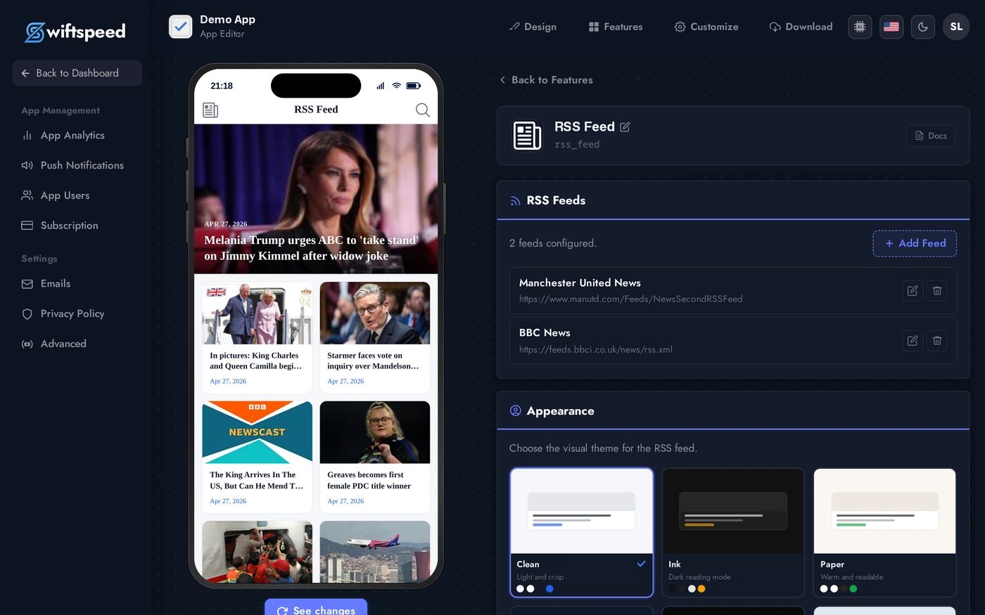RSS Feed editor with two configured feeds, Manchester United News and BBC News, plus the live phone preview