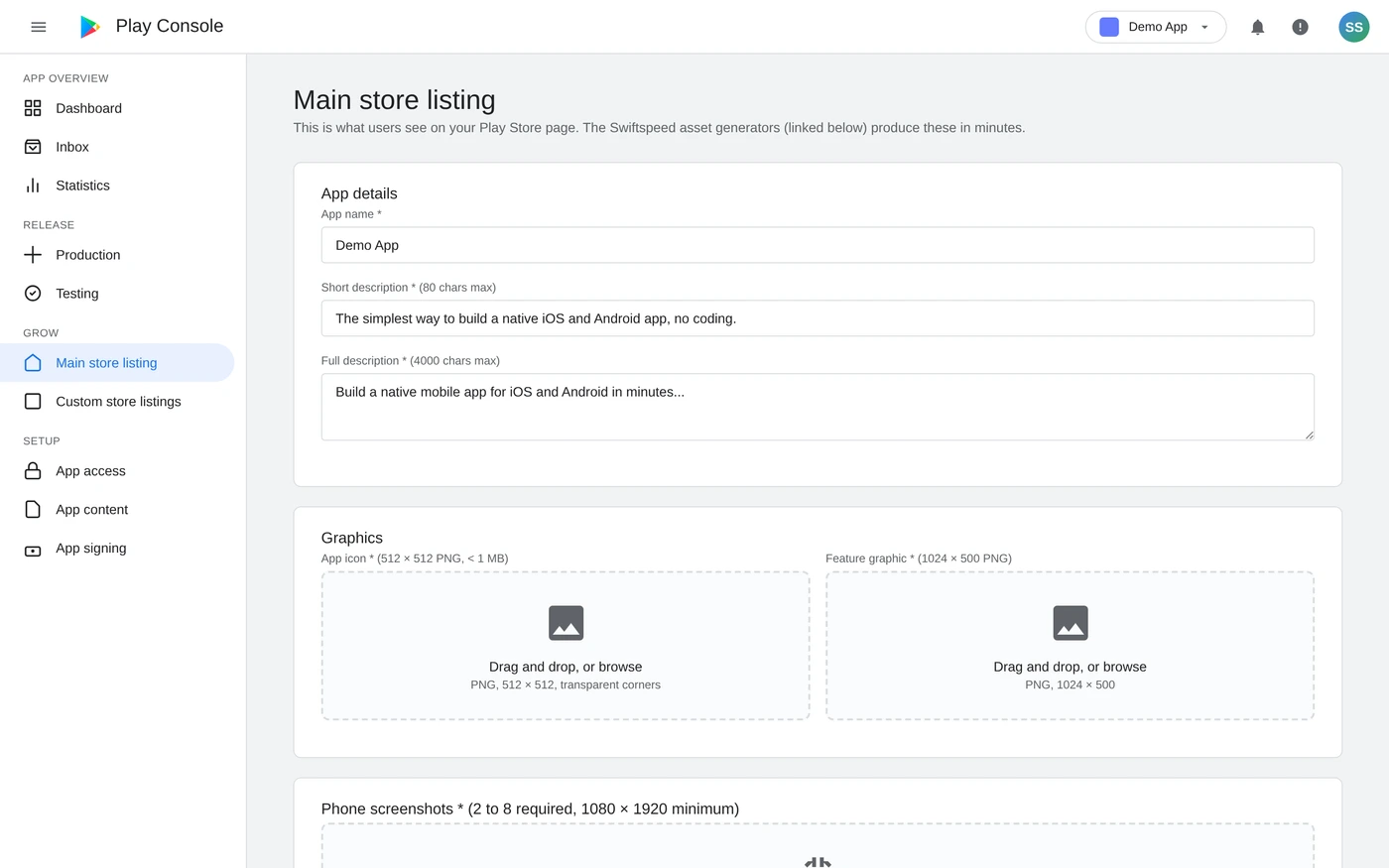 Google Play Console Main store listing page with App details, Graphics, and Phone screenshots upload zones