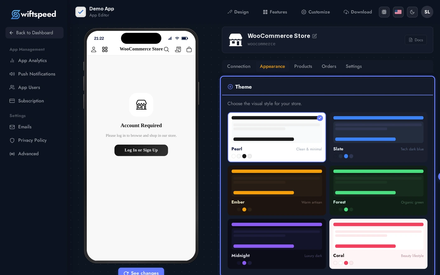 WooCommerce editor on the Appearance tab showing the theme picker, layout toggle, and custom color section