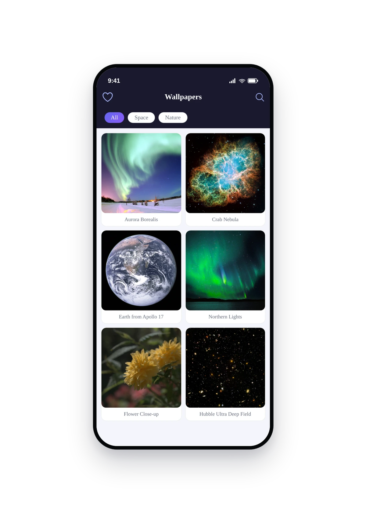 iPhone-style phone frame rendering the wallpaper gallery with category tiles and a featured wallpaper