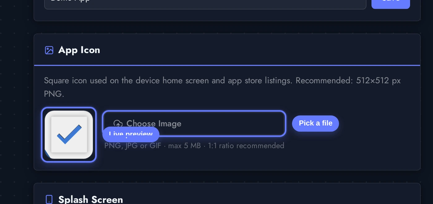 App Icon card showing square preview, Choose Image upload button, and recommended size hint