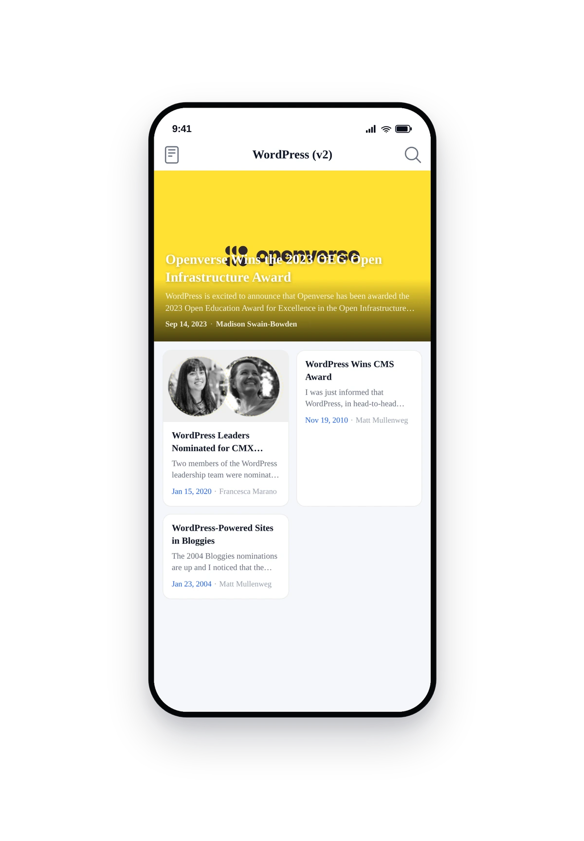 iPhone-style phone frame rendering the live WordPress mobile app feed with synced wordpress.org/news posts, featured images, and dates