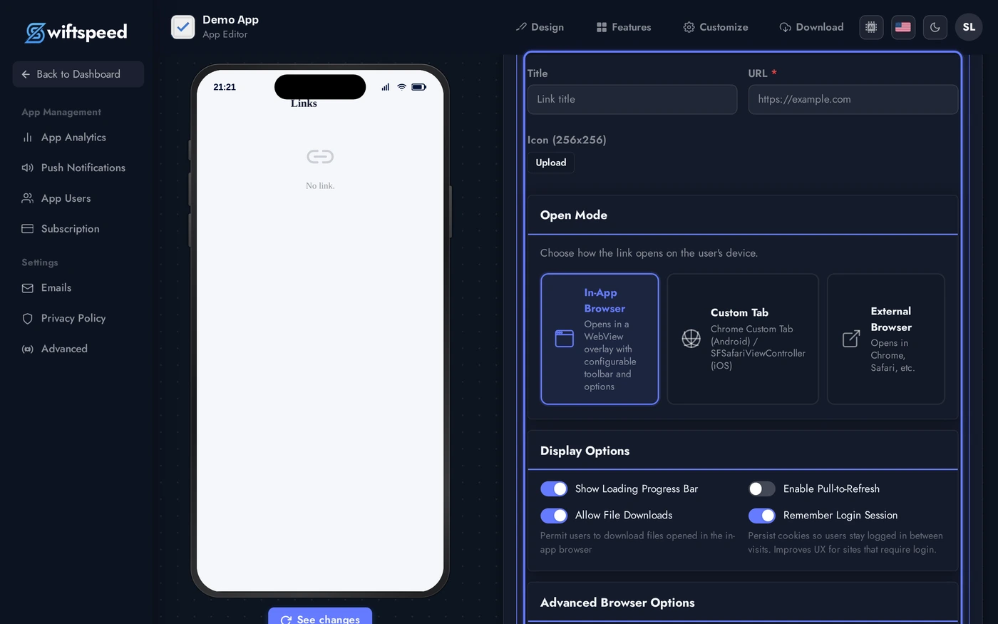 Add Link form with Title, URL, and open-mode fields for adding a single link to the Links page