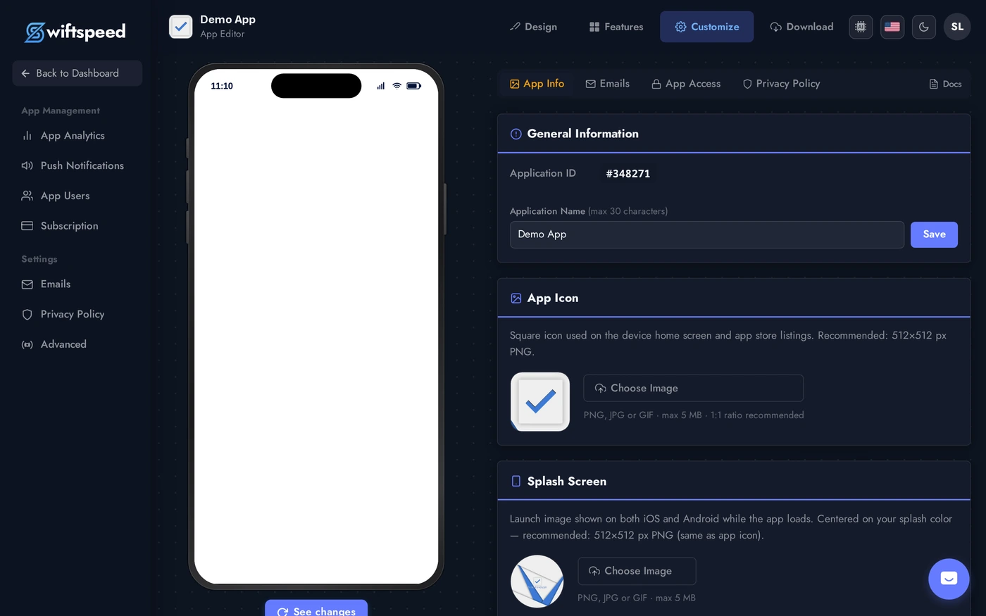 Customize page App Info card