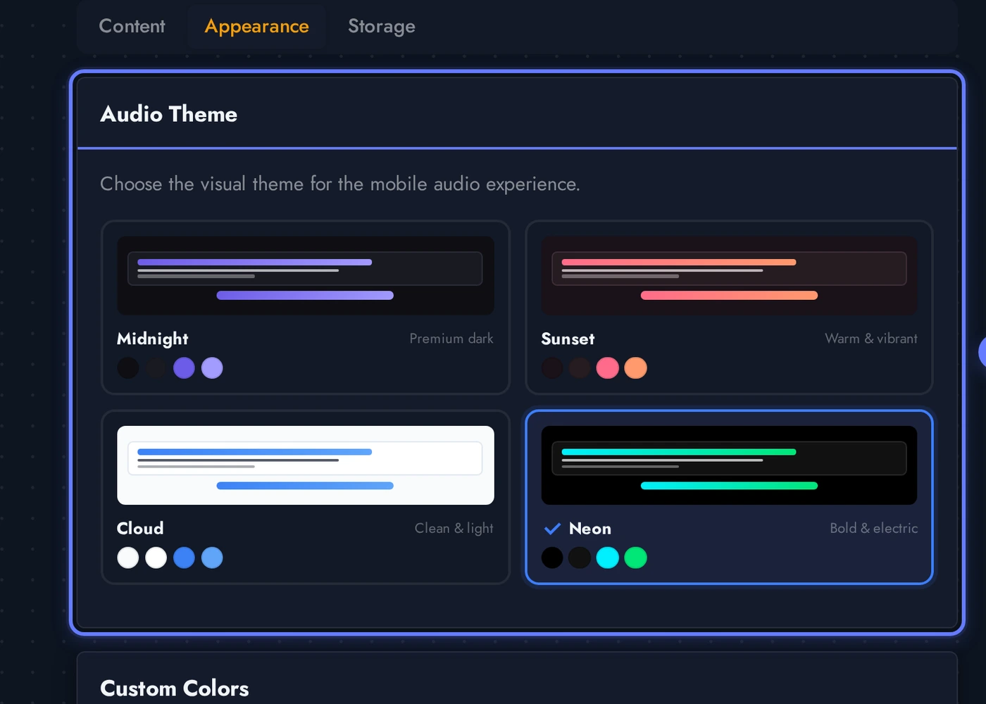 Audio editor Appearance tab showing eight theme cards (Midnight, Sunset, Cloud, Neon, Vinyl, Aurora, Daylight, Pulse) and a custom colors panel
